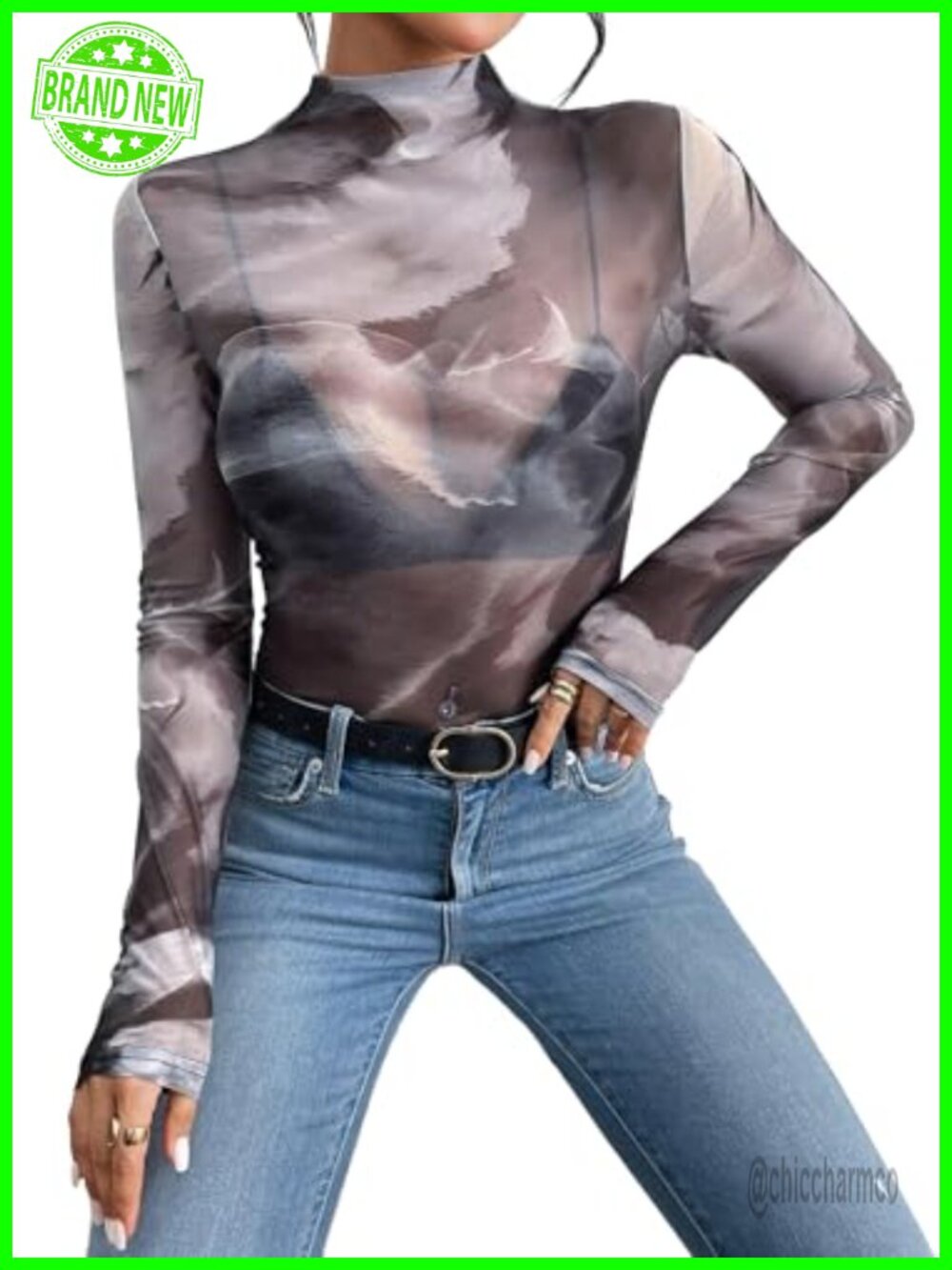 Mesh Long Sleeve Top Sheer Mock Neck Fitted Rave Clubwear